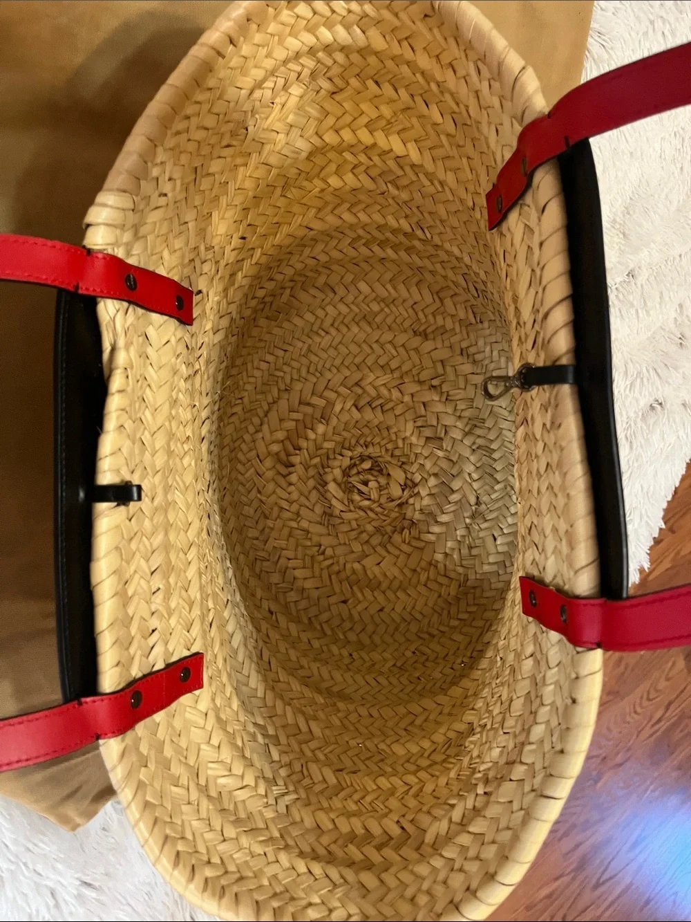 Christian Louboutin Natural Straw Tote with Black Trim and Red Strap Accents